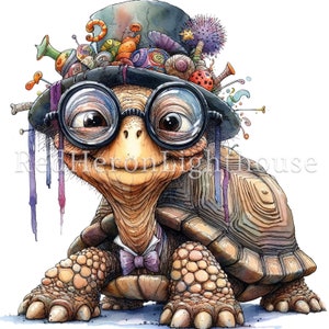 May include: A cartoon tortoise wearing a large, colorful hat with a variety of trinkets and a bow tie. The tortoise is wearing round glasses and has a friendly expression.