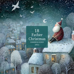 Peut inclure: Illustration hivernale d'un village enneigé avec le Père Noël assis sur un toit. Le texte "18 Father Christmas" et "Commercial Licence" est visible. L'image présente un ciel étoilé, une lune et une palette de couleurs bleues et blanches.