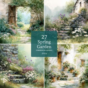 May include: A set of watercolour paintings featuring spring gardens. The images show stone paths, wooden doors, and blooming flowers in different settings. The text "27 Spring Garden" is displayed with "COMMERCIAL LICENCE" and "JPEGs" below.