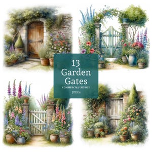 Gartentor und Tür Clipart, 13 hochwertige JPGs, Aquarell Blumen Garten Bilder, Kartenherstellung, Junk Journaling, KOMMERZIELLE NUTZUNG | BR0219