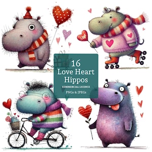 Coeur d'amour hippopotames Clipart, 16 fichiers PNG/JPG de haute qualité, Clipart Saint-Valentin, mignons hippopotames originaux, travaux manuels d'animaux, USAGE COMMERCIAL | AR1216-1