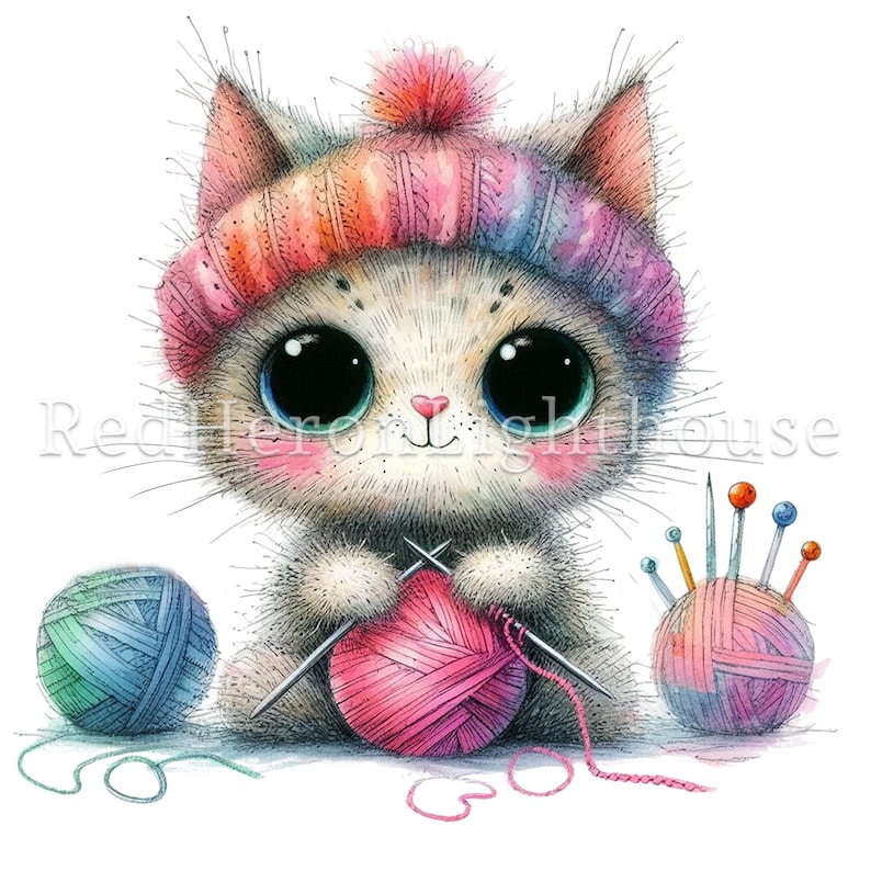May include: A charming watercolour illustration of a cat wearing a rainbow-coloured knitted hat. The cat is knitting with pink wool, with two balls of yarn and knitting needles nearby. The cat has large eyes and a sweet expression.