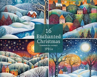 Enchanted Christmas Village Clipart, 16 JPGs, Fantasy Winter Scenes, Colourful Whimsical Landscapes COMMERCIAL USE Digital Download | AR0926