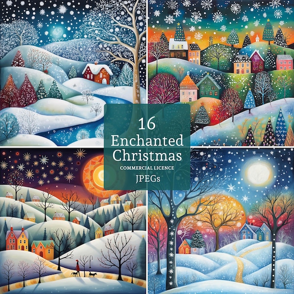 Enchanted Christmas Village Clipart, 16 JPGs, Fantasy Winter Scenes, Colourful Whimsical Landscapes COMMERCIAL USE Digital Download | AR0926