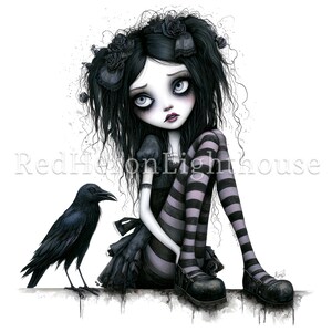 Pode incluir: Ilustra&ccedil;&atilde;o de uma garota g&oacute;tica com cabelo preto, vestindo um vestido preto e leggings listradas. Um corvo preto est&aacute; ao lado dela. A obra de arte tem um tema sombrio e melanc&oacute;lico com um fundo branco.