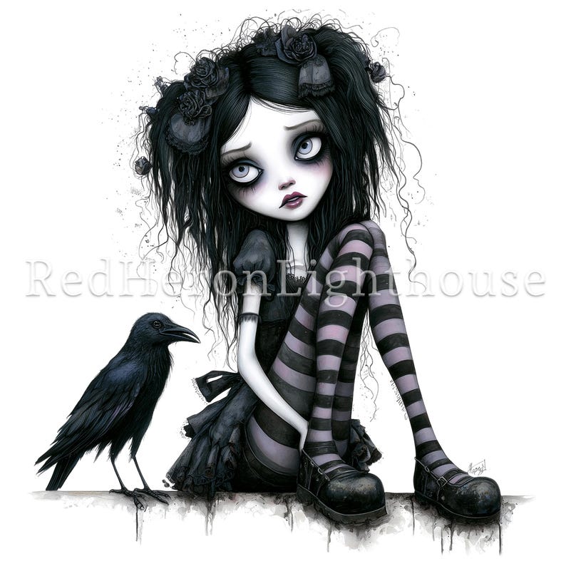 Pode incluir: Ilustra&ccedil;&atilde;o de uma garota g&oacute;tica com cabelo preto, vestindo um vestido preto e leggings listradas. Um corvo preto est&aacute; ao lado dela. A obra de arte tem um tema sombrio e melanc&oacute;lico com um fundo branco.