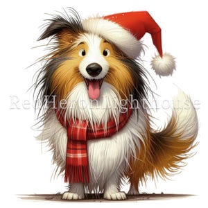May include: A digital illustration of a smiling dog wearing a red Santa hat and a red plaid scarf. The dog has brown, black, and white fur, with its tongue sticking out. The image is set against a white background.