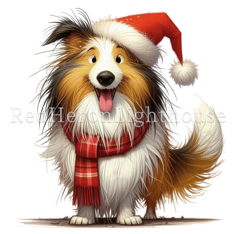 May include: A digital illustration of a smiling dog wearing a red Santa hat and a red plaid scarf. The dog has brown, black, and white fur, with its tongue sticking out. The image is set against a white background.