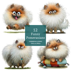 May include: A digital illustration featuring four cartoon Pomeranian dogs with expressive faces. The dogs have fluffy white and brown fur. The image includes text that reads "12 Funny Pomeranians" and "Commercial Licence PNGs & JPEGs".