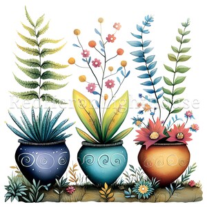 May include: Three potted plants with colorful flowers and leaves. The pots are painted in blue, turquoise, and orange with white swirl designs.