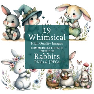 Lindo conejito clipart, 19 PNG/JPG imágenes de conejos caprichosos, adorable animal del bosque, decoración de guardería, sublimación, USO COMERCIAL / AR0614-1