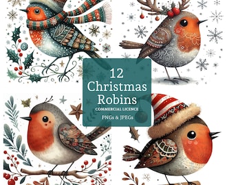 Cute Christmas Robins Clipart Set, 16 PNGs/JPGs, Festive Robin Clipart, Seasonal Holiday Images, COMMERCIAL USE, Digital Download | AR0722-1