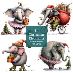 Weihnachten Elefant Clipart, 14 hochwertige PNGs / JPGs, niedlicher festlicher Elefant, schrullige Tier Clipart, saisonales Kunsthandwerk KOMMERZIELLE NUTZUNG | AR1010
