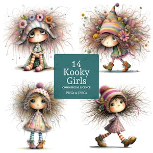 Skurrile Mädchen Clipart 14 hochwertige PNGs / JPGs, schrullige Boho Puppen Bilder, Kartenherstellung, Junk Journaling, druckbar, KOMMERZIELLE NUTZUNG | BR0220