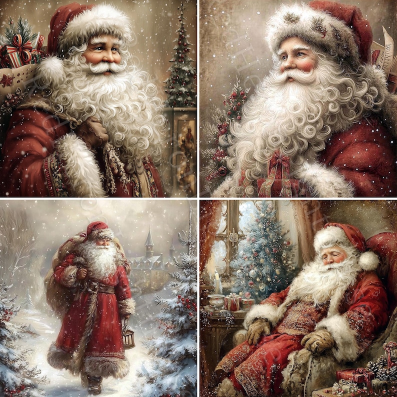 May include: A four-panel image featuring Santa Claus. He is dressed in a red suit with white fur trim and a matching hat. Santa has a long white beard and is shown carrying gifts, walking in the snow, and relaxing near a Christmas tree.
