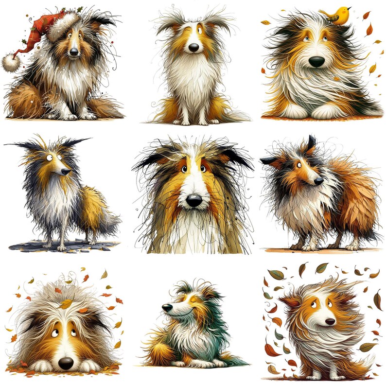May include: Nine whimsical illustrations of Shetland Sheepdogs. Each dog has a unique expression and pose, with varying colors of brown, white, and black fur. One dog wears a Santa hat, and another has a small yellow bird perched on its head. Autumn leaves are scattered around some.