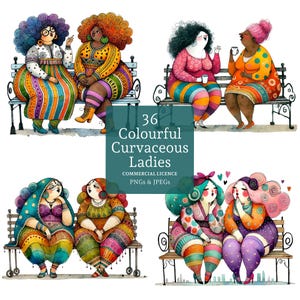 Clipart original pour femmes aux courbes généreuses, 36 fichiers PNG/JPG de haute qualité, meilleurs amis fantaisistes, oeuvres d'art amusantes pour femmes, créations papier/numérique UTILISATION COMMERCIALE | AR1210