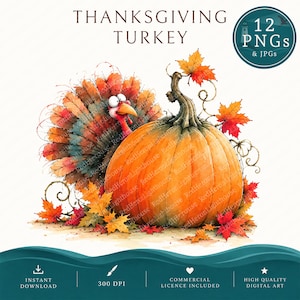 Pode incluir: Uma ilustração digital de um peru com olhos arregalados e uma grande abóbora laranja cercada por folhas de outono coloridas. O texto diz THANKSGIVING TURKEY e 12 PNGS & JPGS. A arte apresenta cores quentes de outono, incluindo vermelho, amarelo e laranja.