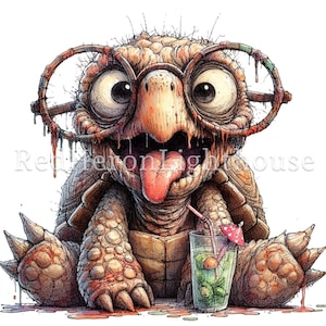 May include: A cartoon illustration of a turtle wearing glasses and a red tongue sticking out. The turtle is holding a glass of green liquid with a straw and a small red umbrella.