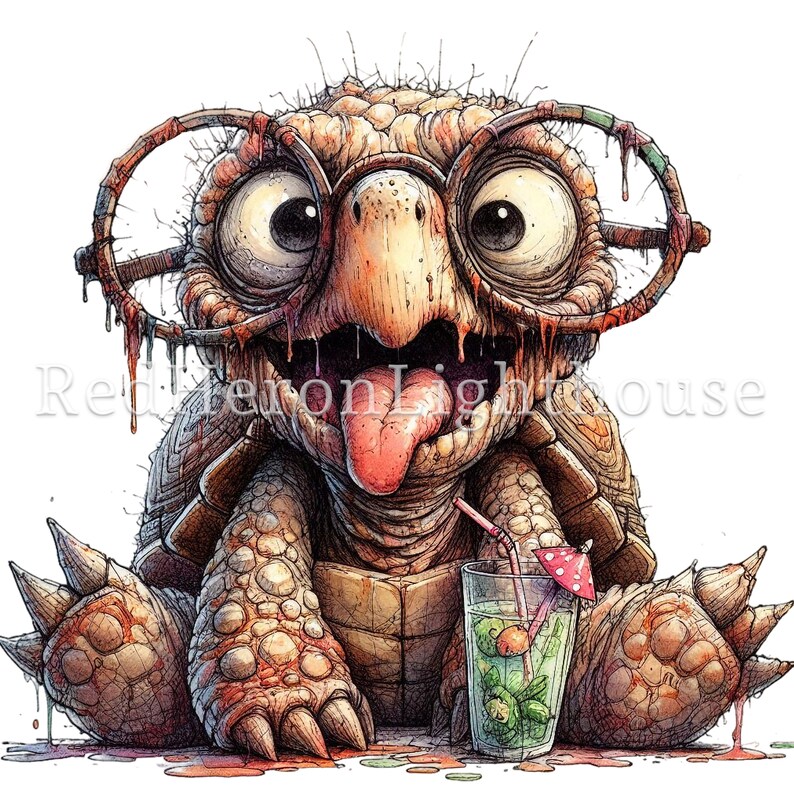 May include: A cartoon illustration of a turtle wearing glasses and a red tongue sticking out. The turtle is holding a glass of green liquid with a straw and a small red umbrella.