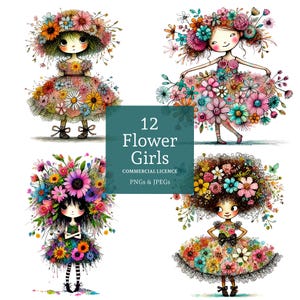 Bloemenmeisje Clipart 12 hoge kwaliteit PNG's/JPG's, grappige meisjesafbeeldingen, kaarten maken en journaling, Fantasy People Art COMMERCIEEL GEBRUIK | AR1219-1