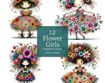 Quirky Flower Girl Clipart 12 High Quality Watercolour Whimsical Girl Ephemera PNGs/JPGs Card Making Junk Journal Digital Download |AR1219-1