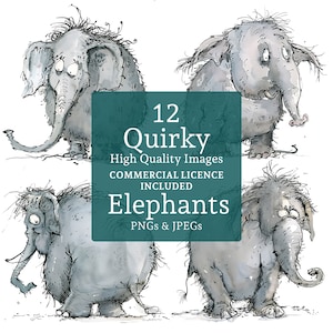 Elefantes peculiares Clipart 12 PNGs/JPGS Kooky Elephant Art Animais da selva caprichosos Criaturas engraçadas USO COMERCIAL Download digital | AR0618