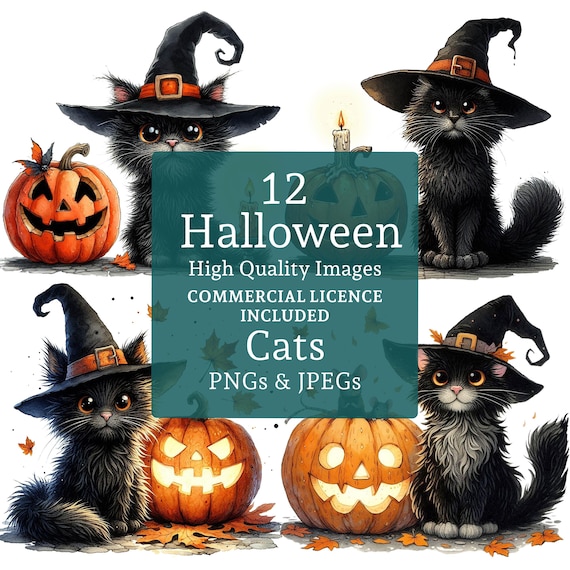 ハロウィンの黒猫とカボチャのクリップアート 12 PNG/JPGS、かわいい