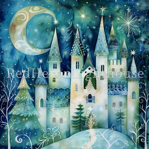 May include: A watercolor painting of a whimsical castle with blue and white towers, surrounded by trees and a crescent moon. The castle is set against a starry night sky.