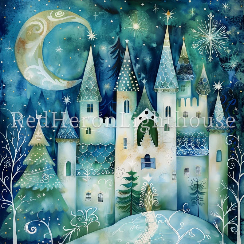 May include: A watercolor painting of a whimsical castle with blue and white towers, surrounded by trees and a crescent moon. The castle is set against a starry night sky.