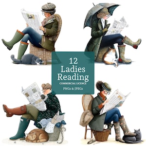 Dame lisant des cliparts en papier 12 PNG/JPG de haute qualité, clipart aquarelle, fabrication de cartes, tenue d'un journal, papier/numérique, UTILISATION COMMERCIALE | BR0502-1