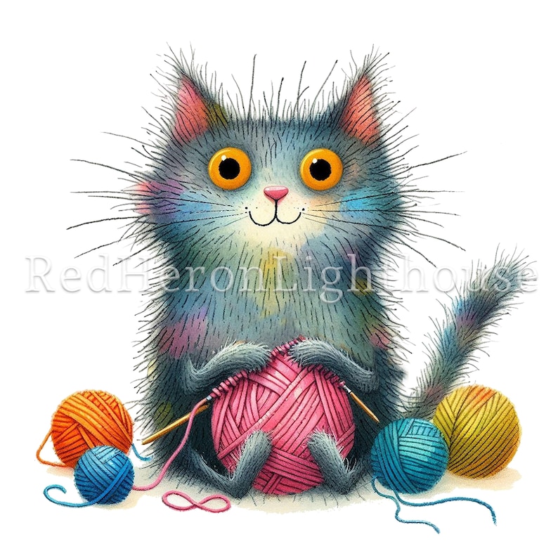 May include: A charming illustration of a fluffy grey cat with large orange eyes, knitting with a pink ball of yarn. Several colourful yarn balls in orange, blue, and yellow surround the cat. The cat has a happy expression.