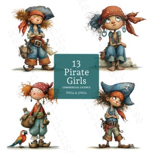 Pirate Girl Clipart 13 High Quality Watercolour Whimsical Funny Girl Ephemera PNGs/JPGs Card Making Junk Journal Digital Download | BR0807-1