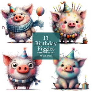 Clipart de porco de aniversário, 13 PNGs/JPGs de alta qualidade, clipart de animal fofo para festa infantil, criação de cartões, artesanato em papel/digital, USO COMERCIAL | BR0320