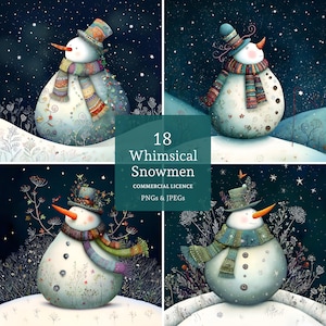 Clipart de muñeco de nieve caprichoso, 18 archivos JPG de alta calidad, muñecos de nieve navideños, creación de tarjetas, diarios basura, manualidades con papel. USO COMERCIAL / BR0515-1