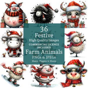 Pacote de animais festivos de fazenda, clipart, 36 PNGs/JPGs, ovelhas/porcos/vacas de Natal, designs para presentes e artesanato, download digital para uso comercial | AR0823-1
