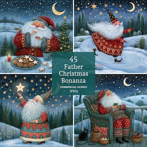 Peut inclure: Une collection d'art numérique intitulée 45 Father Christmas Bonanza Commercial Licence JPEGs présentant quatre scènes du Père Noël dans un paysage enneigé, mangeant des biscuits, patinant, atteignant une étoile et assis dans un fauteuil à motifs.