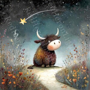 May include: A whimsical illustration of a fluffy yak with brown and tan fur, white horns, and a light pink face. The yak sits on a path, gazing at a shooting star in a starry night sky. Wildflowers and foliage surround the yak.