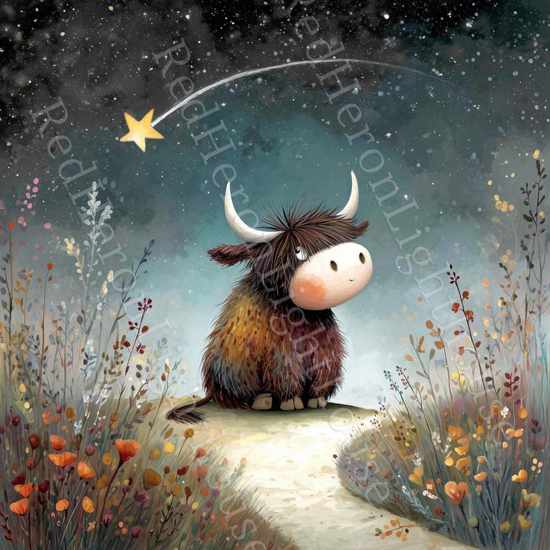 May include: A whimsical illustration of a fluffy yak with brown and tan fur, white horns, and a light pink face. The yak sits on a path, gazing at a shooting star in a starry night sky. Wildflowers and foliage surround the yak.