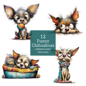 Lustige Chihuahua Clipart, 12 hochwertige Aquarell PNGs / JPGs, Hunderasse Clipart, Papier / digitales Handwerk, Junk Journal KOMMERZIELLE NUTZUNG | BR0715