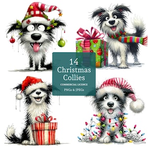 Clipart di Border Collie di Natale, 14 PNG/JPG di alta qualità, divertenti cani da pastore, immagini di animali domestici festivi, clipart per amanti dei cani, USO COMMERCIALE / AR1118