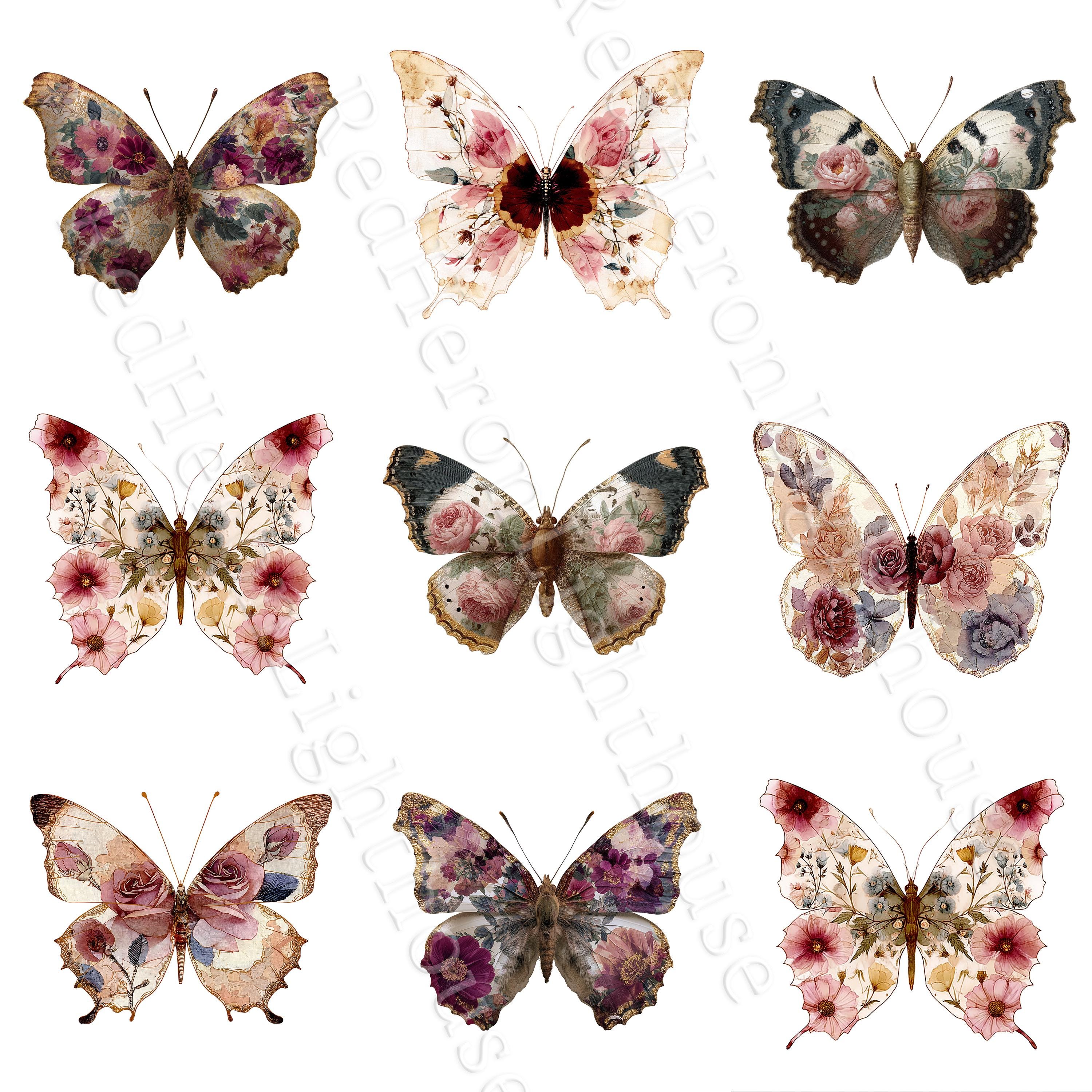 Vintage Style Butterfly Clipart, Floral Wings Printable Graphics ...