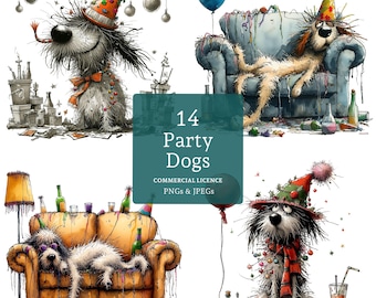 Funny Party Dog Clipart Set, 14 PNGs/JPGs, Quirky Hung Over Dogs, Cartoon Drunk Animal, New Year Art, Paper/Digital COMMERCIAL USE | AR1030