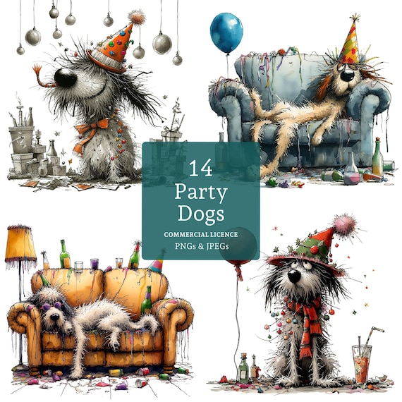 Funny Party Dog Clipart Set, 14 PNGs/JPGs, Quirky Hung Over Dogs, Cartoon Drunk Animal, New Year Art, Paper/Digital COMMERCIAL USE | AR1030