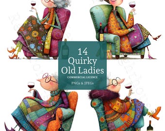 Funny Older Lady Clipart, Watercolour Whimsical Retired Women Art, 14 PNGs/JPGs, Digital Download, Commercial Use, Card Making | BR0806