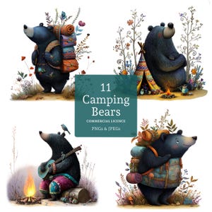 Clipart camping ours, 11 fichiers PNG/JPG haute qualité, clipart animaux de la forêt aquarelle, créations en papier, journal indésirable UTILISATION COMMERCIALE | BR0519-1