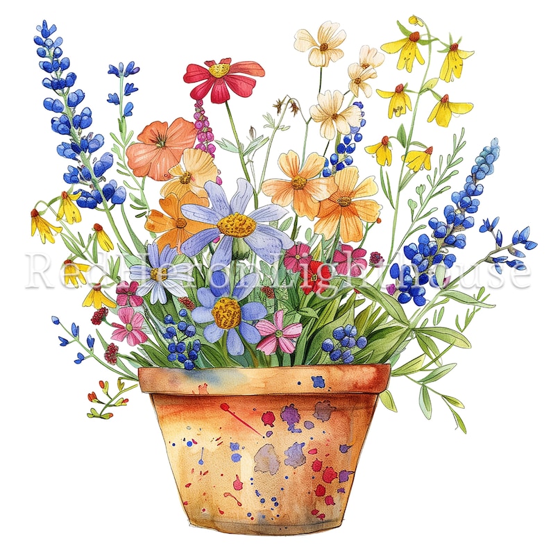 May include: A terracotta flower pot with colorful wildflowers, including blue, yellow, orange, pink, and red blooms. The pot has brown, orange, and blue paint splatters.