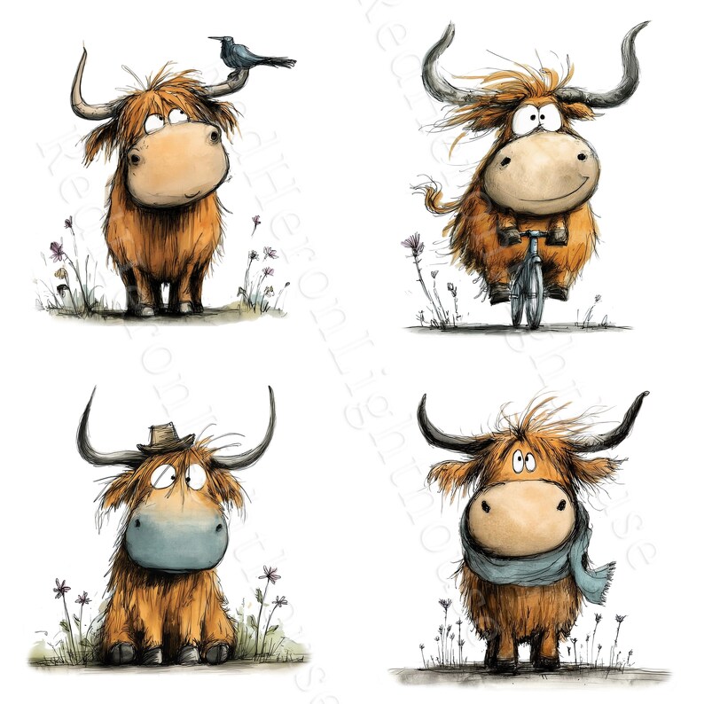 May include: A whimsical illustration featuring four cartoon Highland cows in various poses. One cow has a bird on its head, another rides a bicycle, a third wears a hat, and the last has a blue scarf. Each cow is brown with large horns.