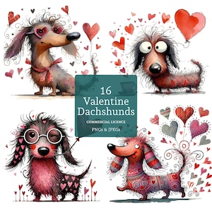 Valentine Dachshund Clipart, 16 High Quality PNGs/JPGs, Love Heart Doxies, Funny Pet Images, Dog Lover Clipart, COMMERCIAL USE | AR1211-1