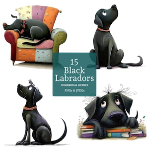 Black Labrador Clipart, 15 High Quality PNGs/JPGs, Watercolour Caricature Dog Breed Clipart, Paper/Digital Craft, COMMERCIAL USE | BR0529